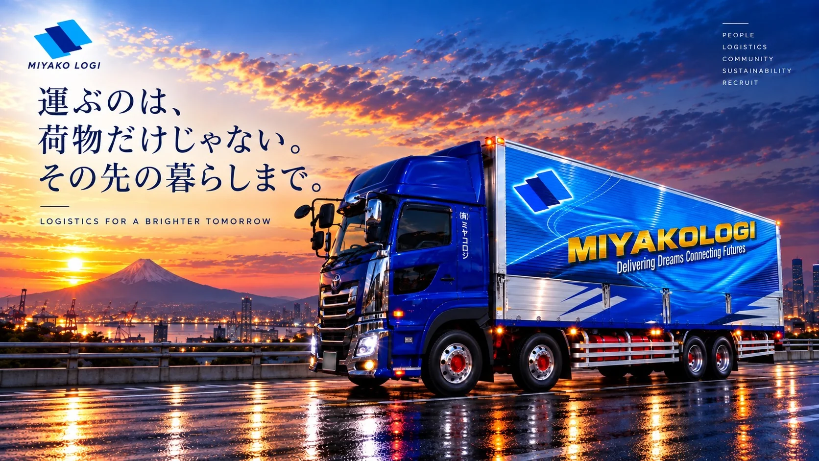 富士山を背に高速道路を走るミヤコロジのトラック。運ぶのは、荷物だけじゃない。その先の暮らしまで。