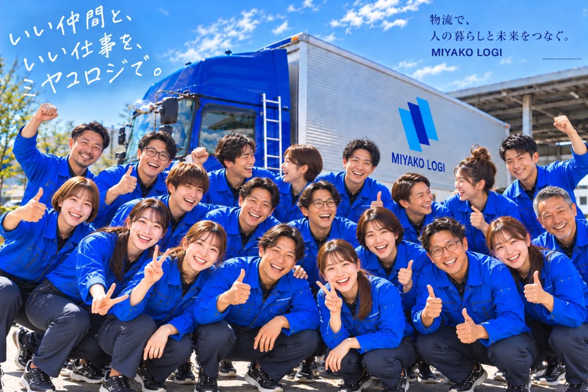 「いい仲間と、いい仕事を、ミヤコロジで。」の文字と、青いトラックの前に集まった笑顔のミヤコロジの乗務員たち