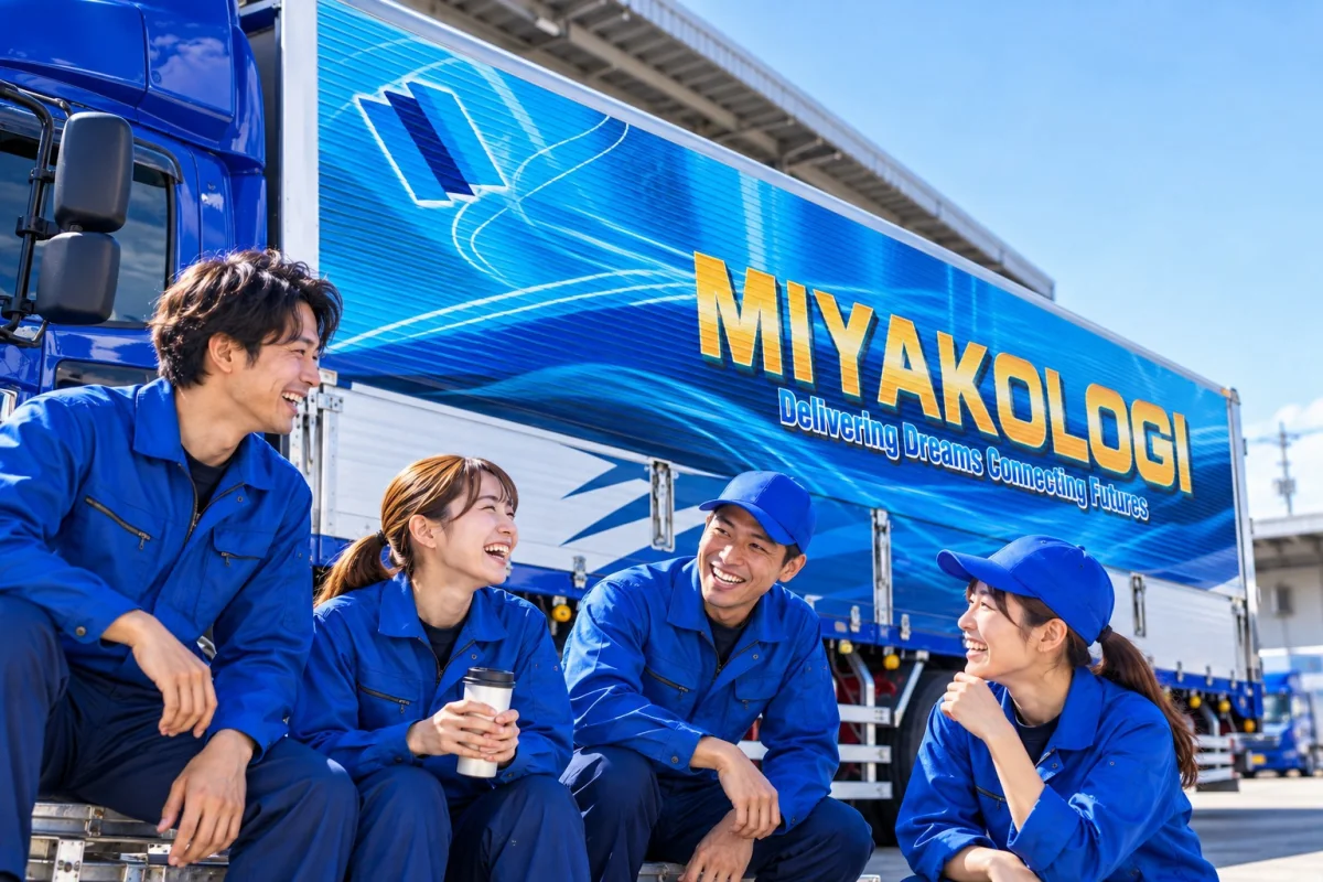 青いラッピングトラックの前で談笑するミヤコロジの乗務員4名
