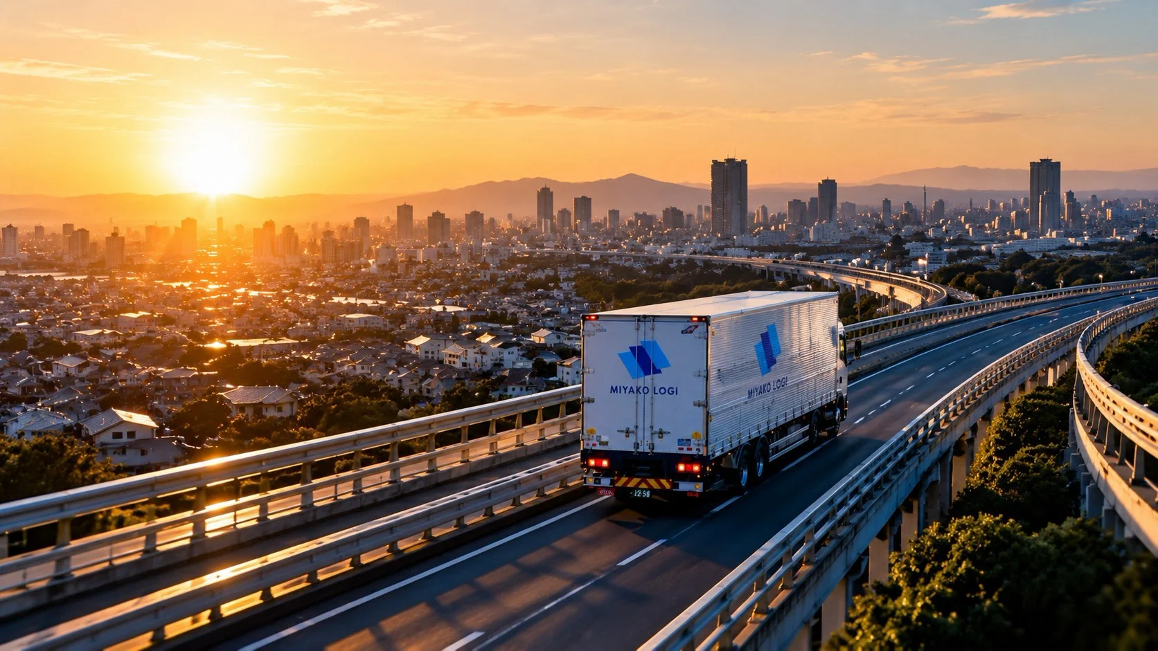 ミヤコロジのトラックが夕暮れの高架道路を走る様子